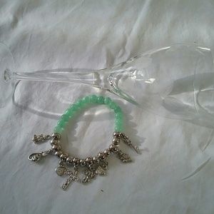 Green Glass & Silvertone Bead and Charm Bracelet